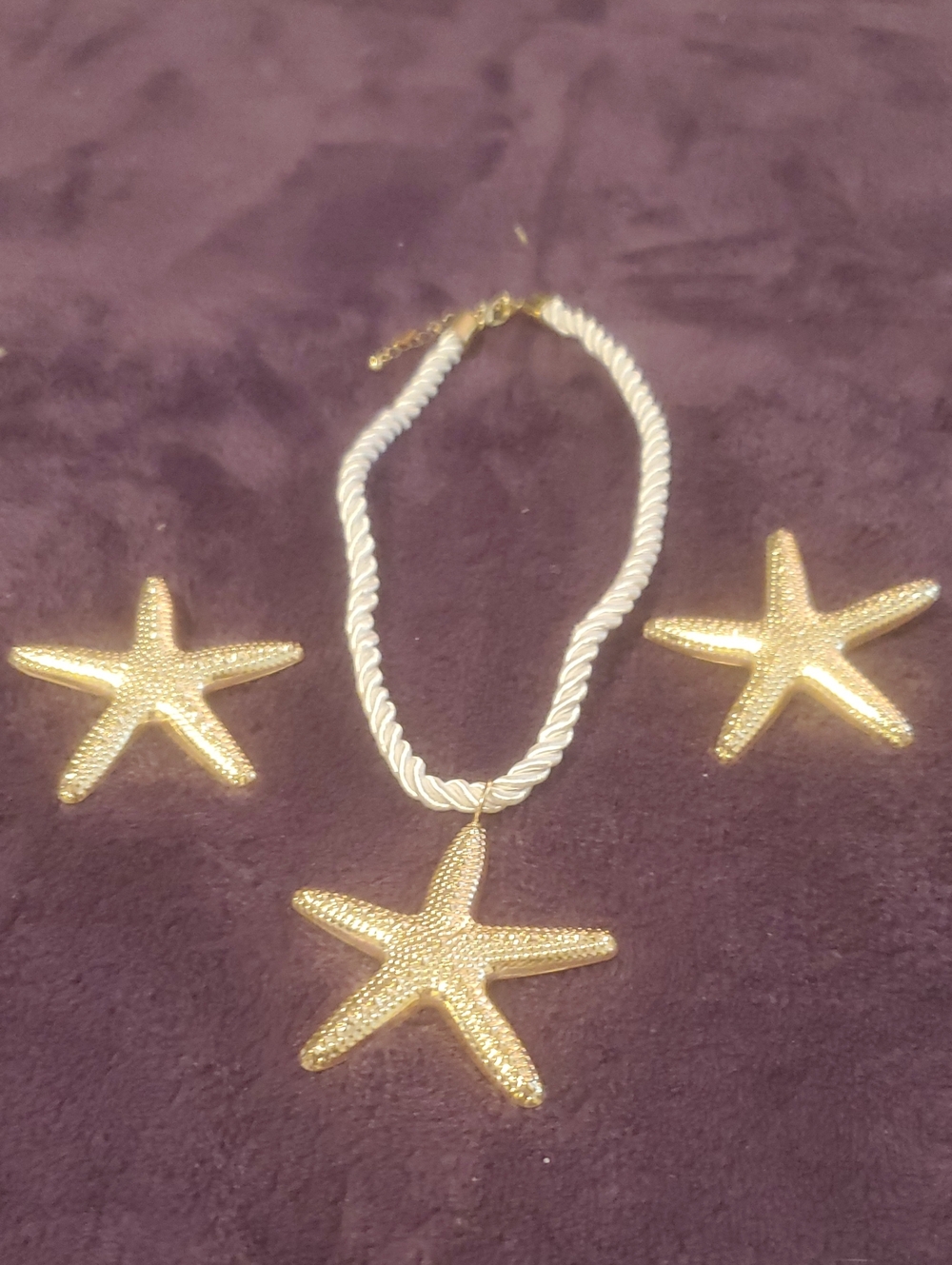 Gold Starfish Pendant Necklace and Earring Set - White Rope Chain